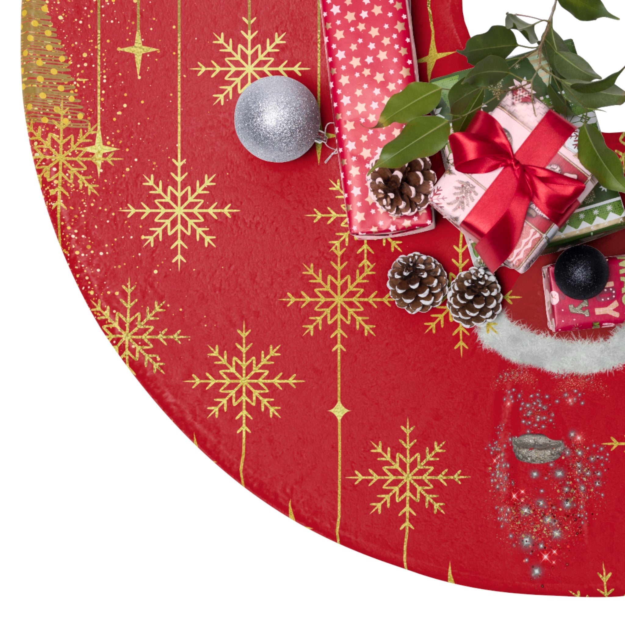Red Snowflake Christmas Tree Skirt — Festive Santa Hat Holiday Decor - T Squared Happy Gifts