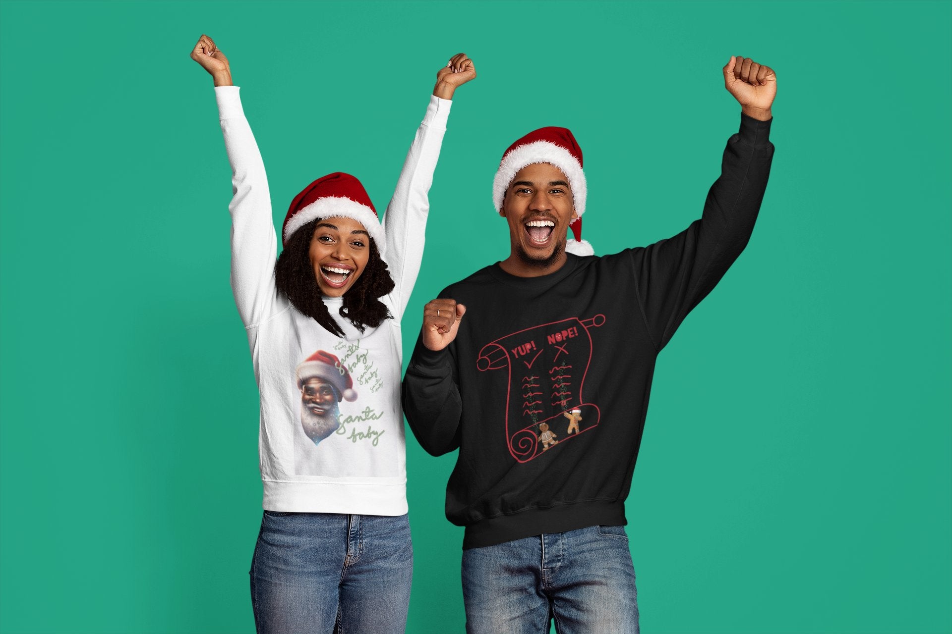 a man and women with holiday sweaters